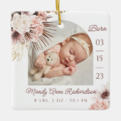 Boho Bohemisch Pink Floral Baby Birth Stats Foto Keramikornament (Vorderseite)