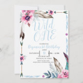 Boho Bohemisch Stamm Floral Watercolor WILD ONE Einladung (Vorderseite)