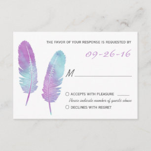 Boho Bohemische Feder lila und blaues Hochzeit RSVP Karte
