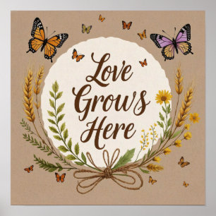 Boho, Bohemische Wildblumen, Schmetterlinge, Weize Poster