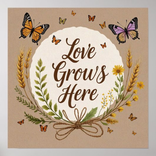 Boho, Bohemische Wildblumen, Schmetterlinge, Weize Poster (Vorne)