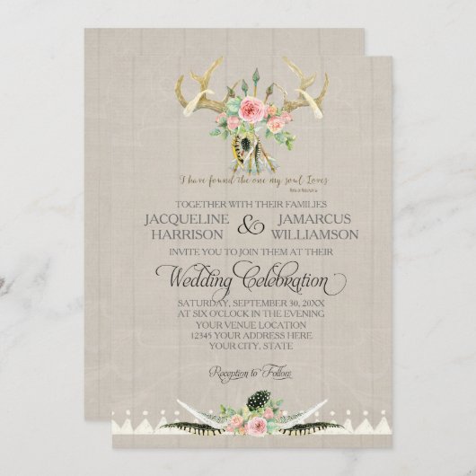 BOHO Bohemisches Stamm Hirsche Antler Feathers Ros Einladung (Vorne/Hinten)