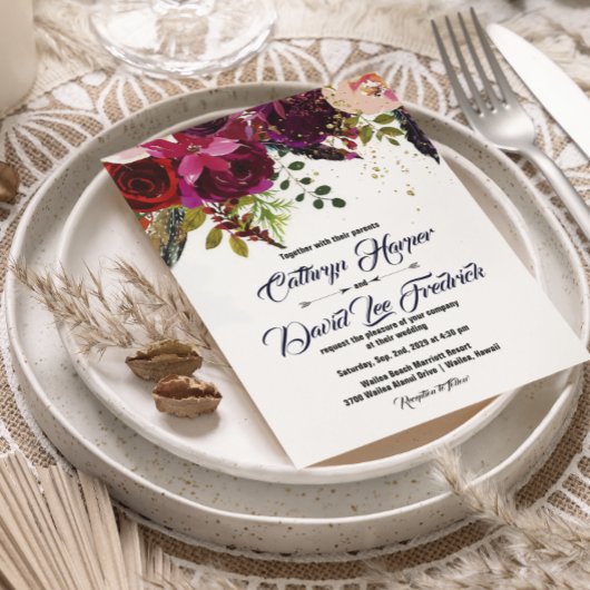 Boho Bold Burgundy Floral Wedding Einladung