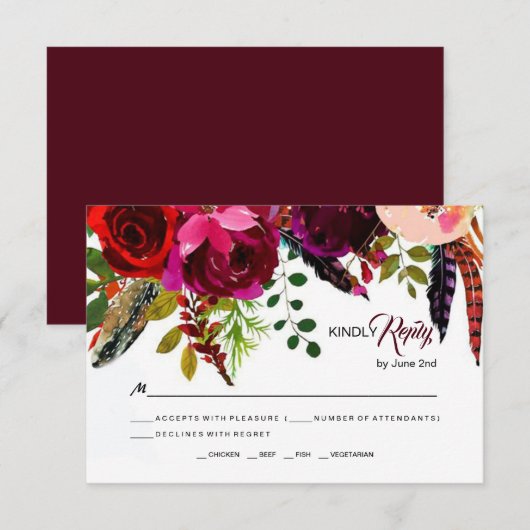Boho Bold Burgundy Floral Wedding RSVP Karte (Vorne/Hinten)