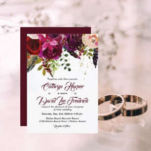 Boho Bold Burgundy & Gold Floral Wedding Einladung