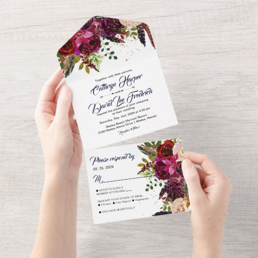 Boho Bold Burgundy Navy Floral Wedding All In One Einladung (Abreißen)