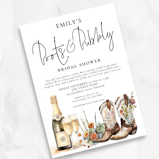 Boho Boots und Bubbly Brautparty Einladung