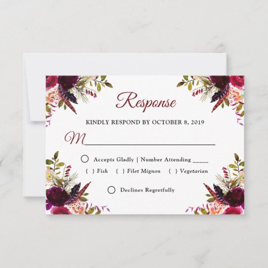 Boho bordo bohemian Aquarell RSVP Karte (Vorderseite)