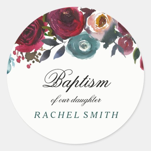 Boho Bordo Burgundy Red Blume Baby Girl Baptisse Runder Aufkleber (Vorderseite)
