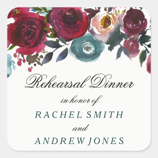 Boho Bordo Burgundy Red Blume Probe Dinner Quadratischer Aufkleber (Vorderseite)
