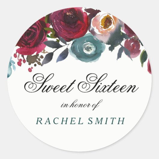 Boho Bordo Burgundy Red Blume Sweet 16 Runder Aufkleber (Vorderseite)