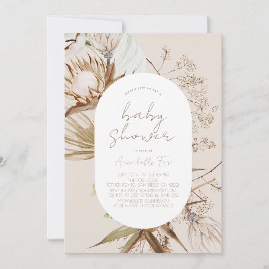 Boho Botanical Beige Babydusche Einladung (Vorderseite)