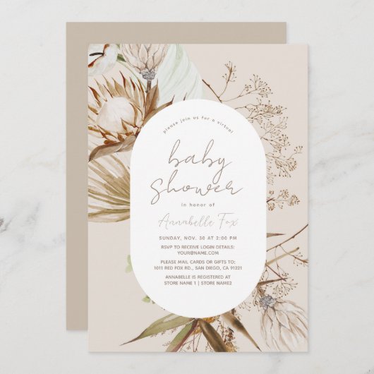 Boho Botanical Beige Virtual Baby Dusche Einladung (Vorne/Hinten)