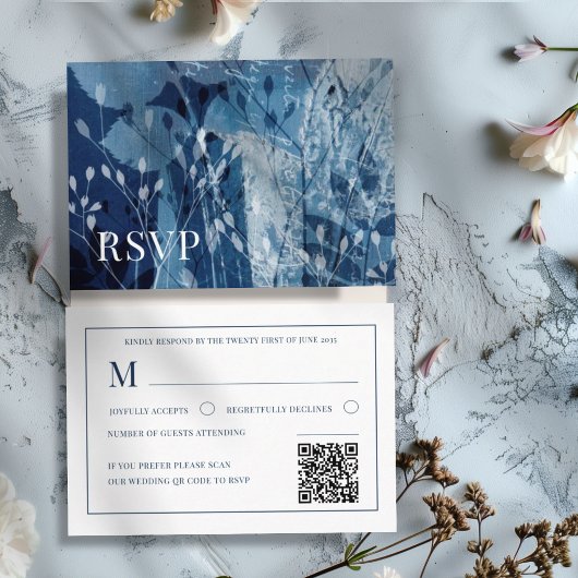 Boho Botanical Blue & White Wedding RSVP Begleitkarte