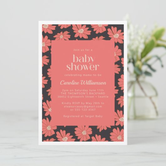 Boho Botanical Blume Navy Red Baby Shower Einladung (Stehend Vorderseite)