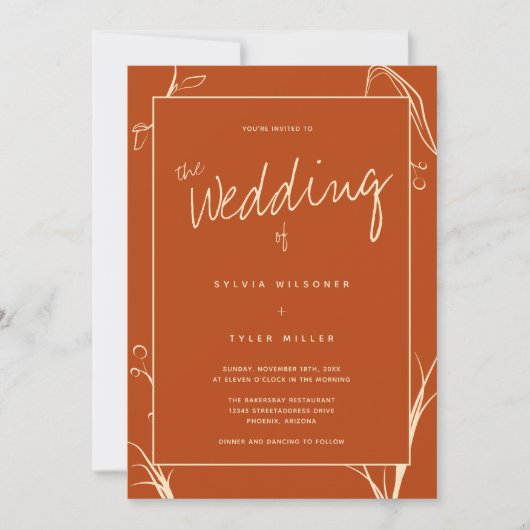 Boho Botanical Burnt Orange Wedding Einladung (Vorderseite)