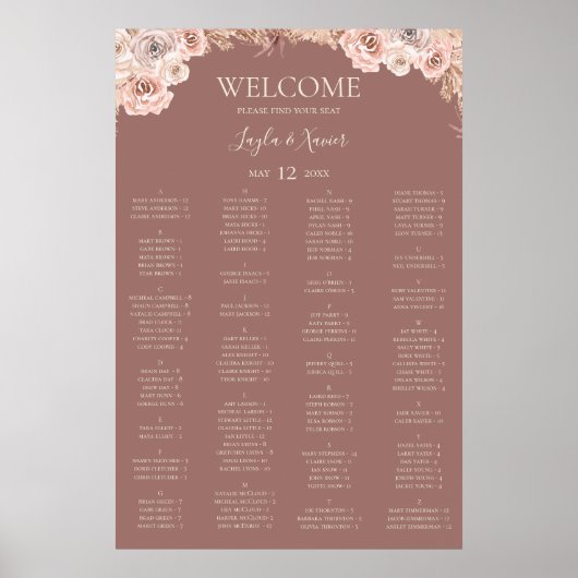 Boho Botanical | Dusty Rose Alphabetische Sitzplät Poster (Vorne)
