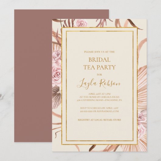 Boho Botanical | Dusty Rose Bridal Tee Party Einladung (Vorne/Hinten)