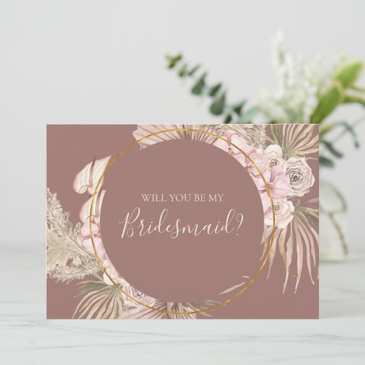 Boho Botanical Dusty Rose Bridesmaid Vorschlag Car Einladung (Stehend Vorderseite)