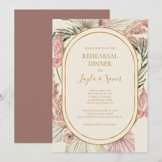 Boho Botanical | Dusty Rose Probe Abendessen Einladung (Vorne/Hinten)