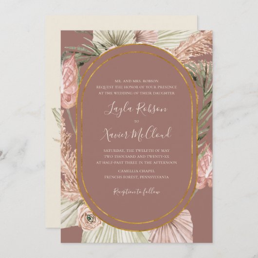 Boho Botanical | Dusty Rose Traditionelle Hochzeit Einladung (Vorne/Hinten)