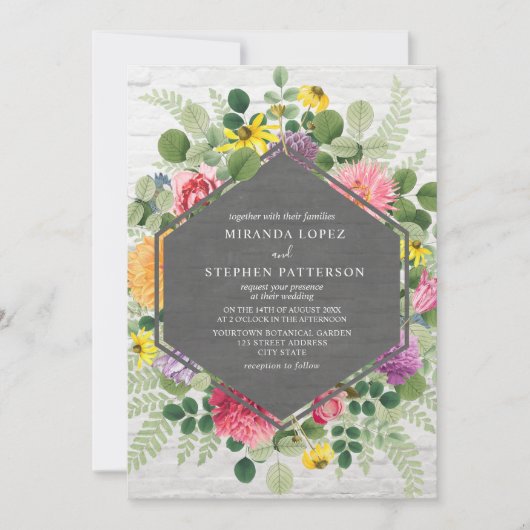 Boho Botanical Floral Geometric Brick Wedding Einladung (Vorderseite)
