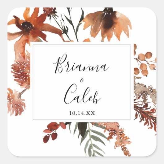 Boho Botanical Floral Wedding Umschlag Aufklebers Quadratischer Aufkleber (Vorderseite)