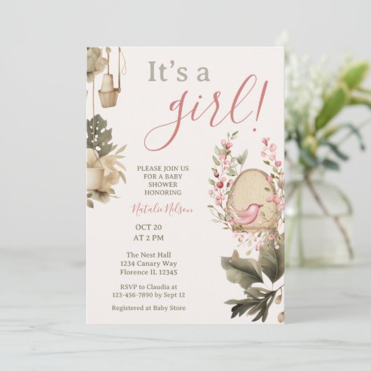 Boho botanical It is a Girl Baby Shower Einladung (Stehend Vorderseite)