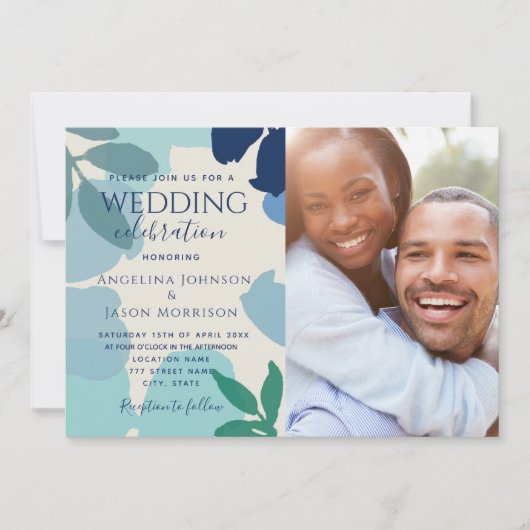 Boho Botanical Navy Dusty Blue Foto Wedding Einladung (Vorderseite)
