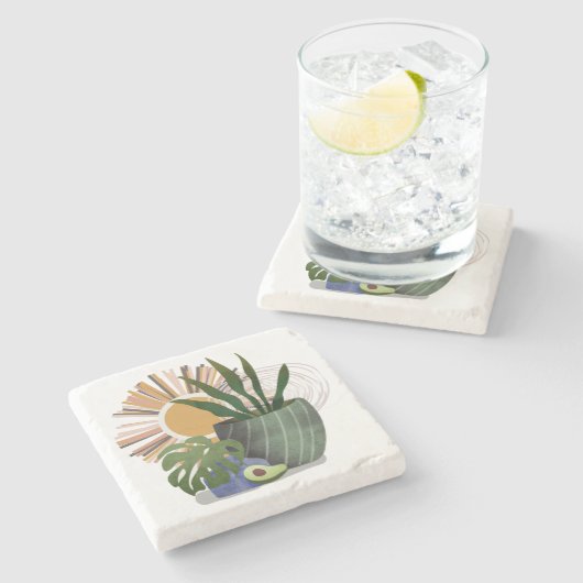 Boho Botanical Neutral Mid Century Stone Coaster Steinuntersetzer (Seitenansicht)