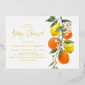 Boho Botanical Orange and Lemon Baby Shower Folieneinladung (Vorderseite)