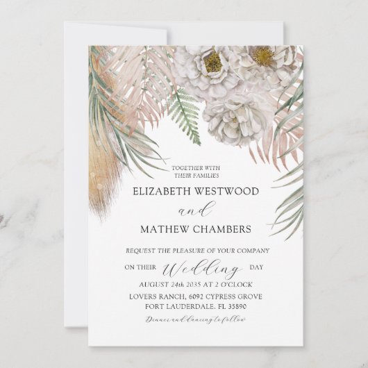 Boho Botanical Pampas Grass Wedding Invitation Einladung (Vorderseite)