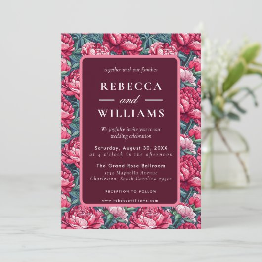 Boho Botanical Peonies Autumn Wedding Einladung (Stehend Vorderseite)