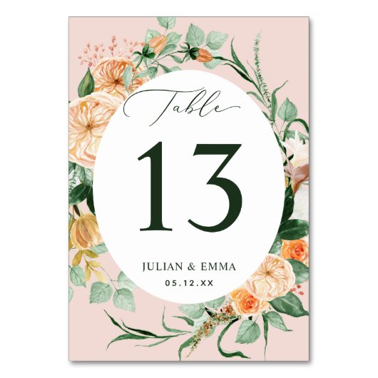 Boho Botanical Pink Greenery Personalisiert Tischnummer (Vorderseite)
