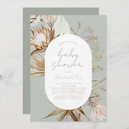 Boho Botanical Sage Baby Dusche Einladung (Vorne/Hinten)