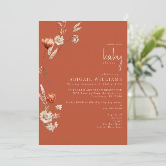 Boho Botanical Terracotta & Cream Baby Dusche Einladung (Stehend Vorderseite)