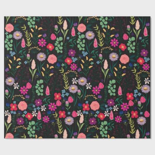 Boho Botanical Watercolor Blume Black Geschenkpapier (Flach)
