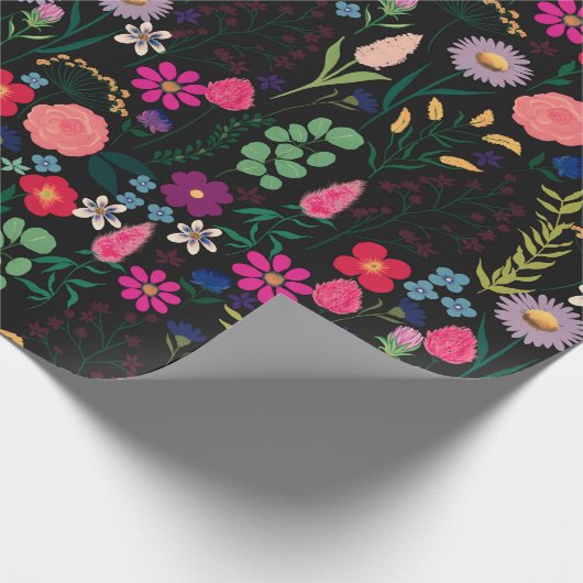 Boho Botanical Watercolor Blume Black Geschenkpapier (Ecke)