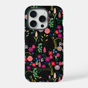 Boho Botanical Watercolor Blume Black iPhone 15 Pro Hülle