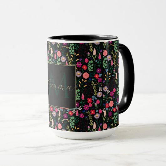 Boho Botanical Watercolor Blume Black Tasse (VorderseiteRechts)