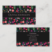 Boho Botanical Watercolor Blume Black Visitenkarte (Vorne/Hinten)