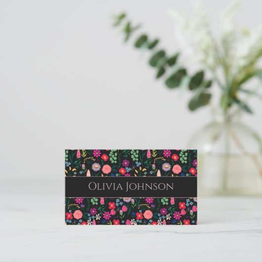 Boho Botanical Watercolor Blume Black Visitenkarte (Stehend Vorderseite)