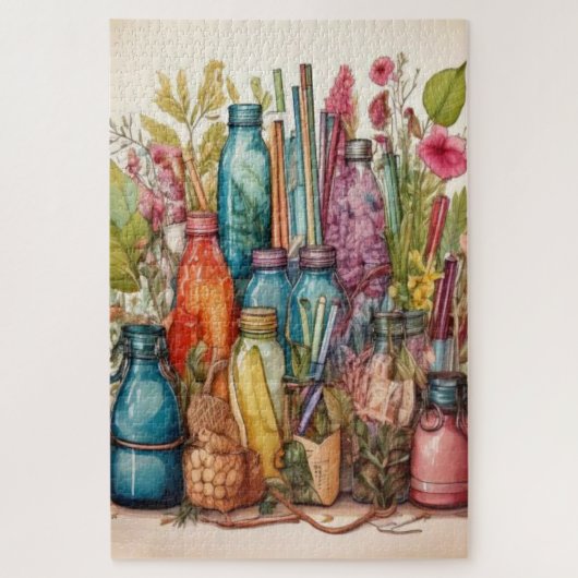 Boho Botanical Watercolor Bottles Jigsaw Puzzle (Vertikal)