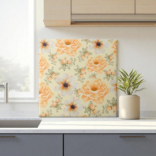 Boho-Botanical-Watercolor-Orange-Cream-Blumenmuste Fliese