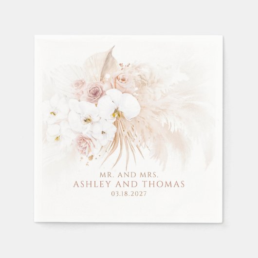 Boho Botanical Weiße Orchideen Pampasgras Hochzeit Serviette (Vorderseite)