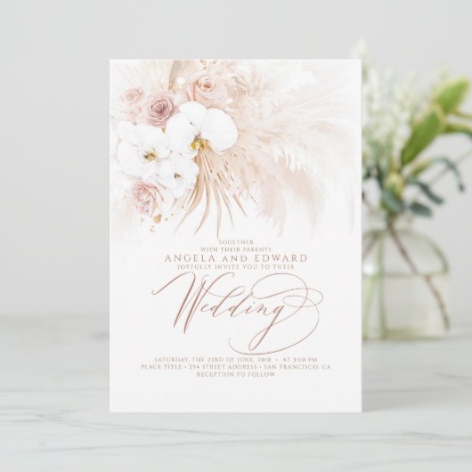Boho Botanical White Orchids Pampas Grass Wedding Einladung (Stehend Vorderseite)