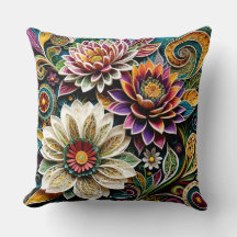 Boho Botanical Zentangle Floral Throw Pillow 