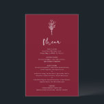 Boho Botanicals Burgundy Wedding Menu Card<br><div class="desc">Fügen Sie diese anpassbaren, minimalistischen Menükarten mit Blumenmuster zum Tischdeck Ihres Events hinzu. Es verfügt über eine moderne Blumenstrauß-Linie mit Kalligraphie. Personalisieren Sie diese Boho-Menükarte, indem Sie Namen, Daten und Speisen hinzufügen. Diese bordeauxfarbene Karte eignet sich perfekt für Hochzeiten, Babyduschen, Brautpartys, Geburtstage und vieles mehr.</div>