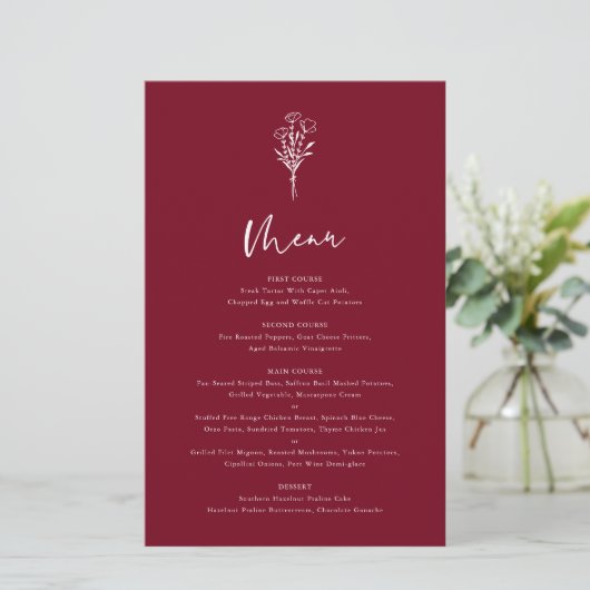 Boho Botanicals Burgundy Wedding Menu Card (Stehend Vorderseite)
