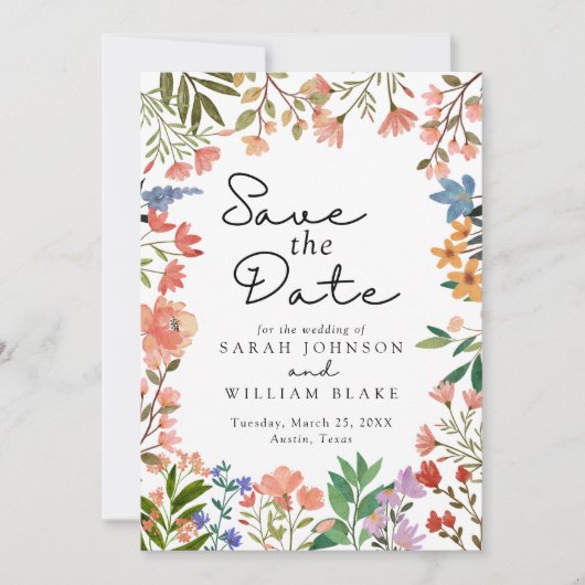 Boho Botanicals: Ein Aquarellgarten der Wildblume Save The Date (Vorderseite)